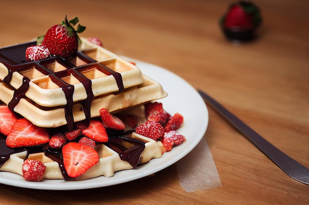 Belgian waffles in chocolate sauce with strawberries on plate for breakfast