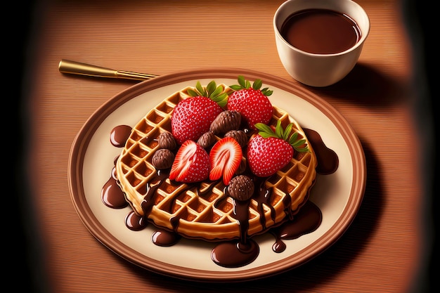 Belgian waffles in chocolate sauce with strawberries on plate for breakfast