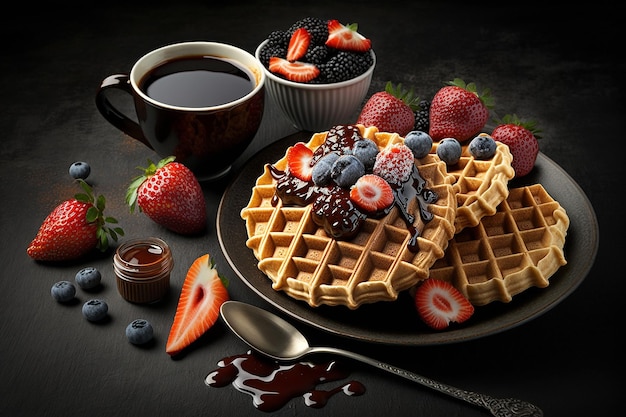 Belgian waffles and coffee delicious breakfast products studio photo dark black background Generative AI