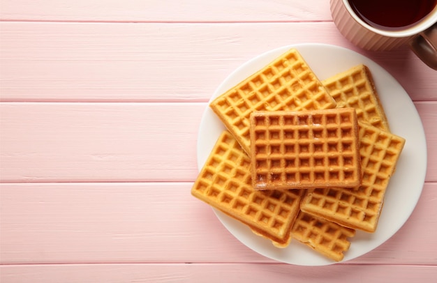 Belgian waffles on pink background. Belgian waffles with honey and tea. Freshly baked Belgian waffles with copy space.