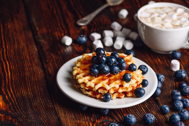 Belgian Waffles on Plate with Fresh Blueberry and Cup of Hot Cocoa with Marshmallow