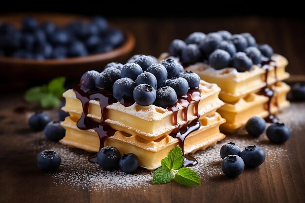 Belgian waffles with blueberries and sauce