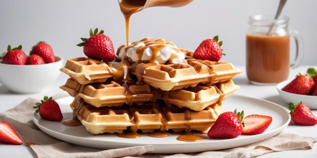 Belgian waffles with caramel and strawberries