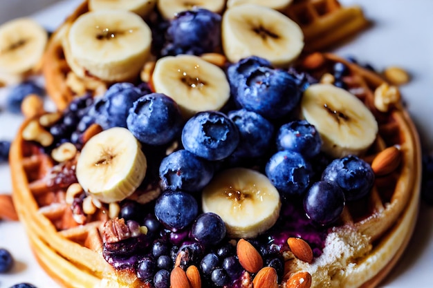 Belgian waffles with fruit with banana and blueberries