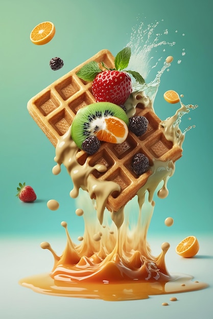 Belgian waffles with fruits on blue background