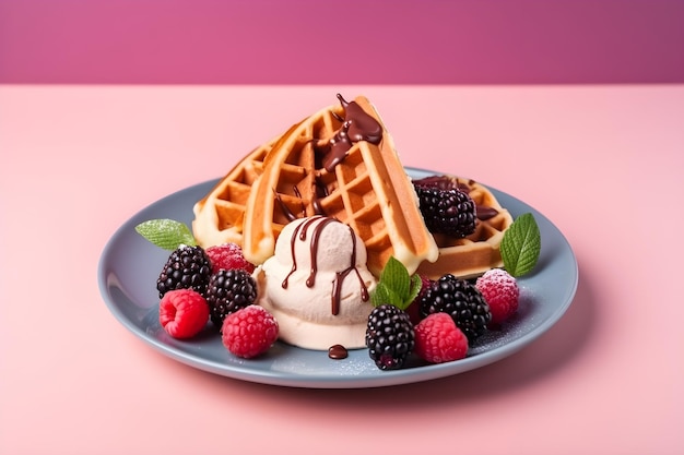 Belgian waffles with ice cream berries and chocolate sauce isolated on trendy colorful background with copy space for text Food banner with waffles on purple background Generative AI