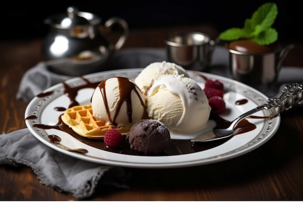 Belgian waffles with ice cream and chocolate sauce on a plate