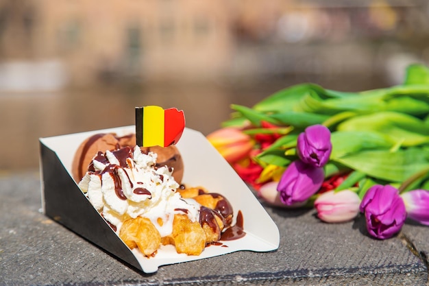 Belgian waffles with ice cream Selective focus