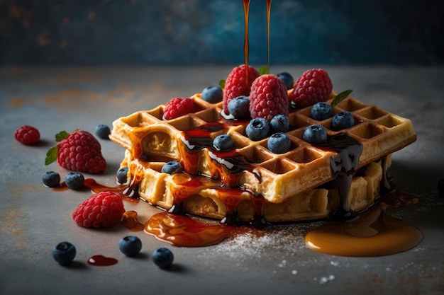 Belgian waffles with raspberries blueberries and syrup homemade healthy breakfast AI generation