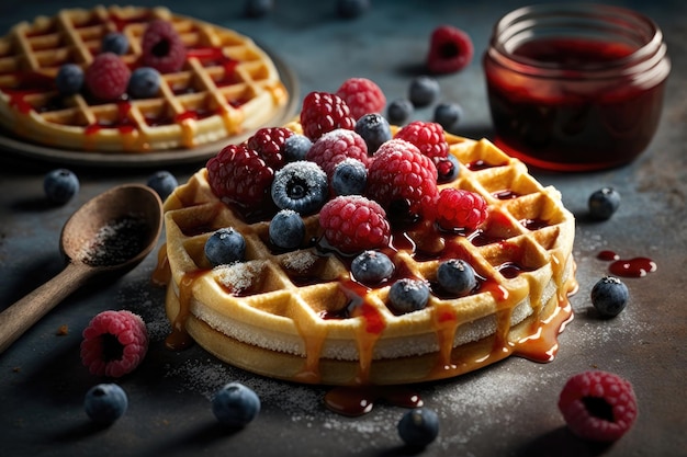 Belgian waffles with raspberries blueberries and syrup homemade healthy breakfast AI generation