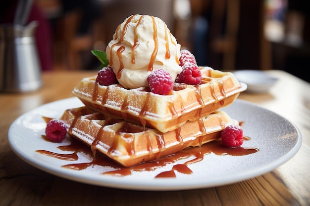 Photo belgian waffles with a side of cream a delectable display of waffle delicious food