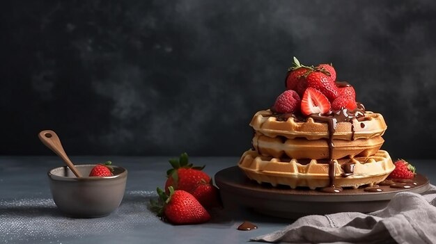 Belgian waffles with strawberries and chocolate on a light grey background