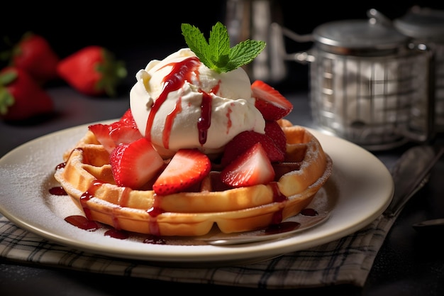 Belgian waffles with strawberries and whipped cream