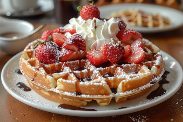 Belgium Belgian Waffles topped with strawberries whipped cream and a drizzle of chocolate sauce