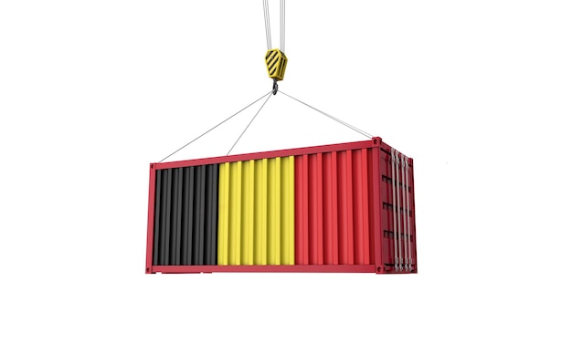 Belgium flag cargo trade container hanging from a crane d render