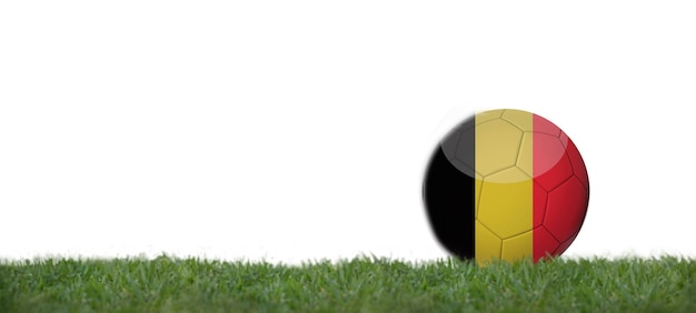 Belgium flag on soccer ball on grass copy space with white background