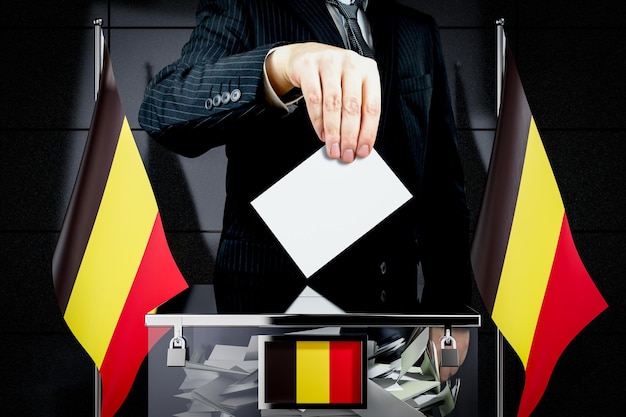 Belgium flags hand dropping voting card election concept 3D illustration