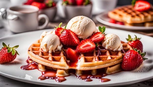 Belgium waffles with strawberries and ice cream on white plate