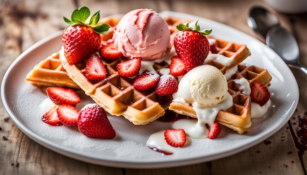 Belgium waffles with strawberries and ice cream on white plate