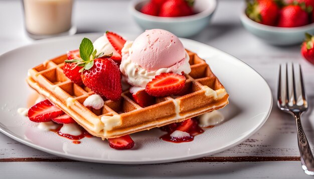 Belgium waffles with strawberries and ice cream on white plate