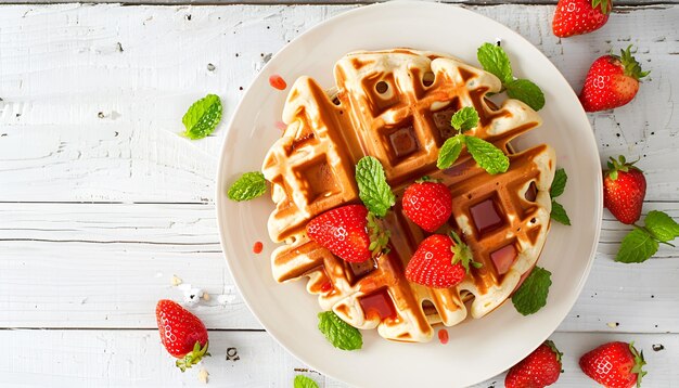 Belgium waffles with strawberries and mint on white plate Top view