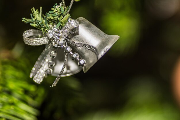 Bell jar hanging on a christmas tree with green background detail