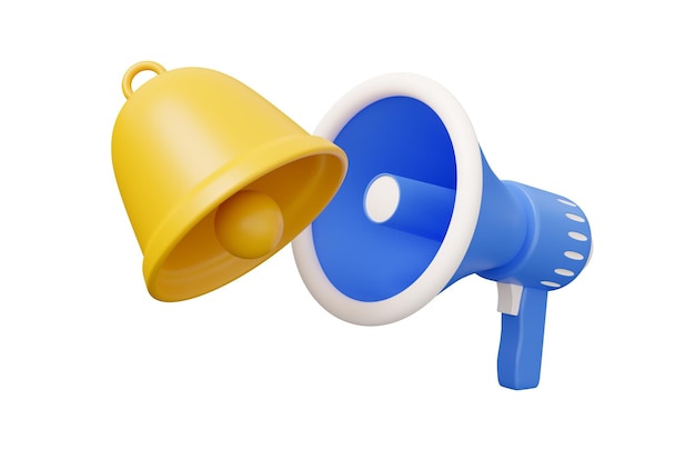 Bell megaphone notification 3d render illustration in minimal cartoon style isolated on white background