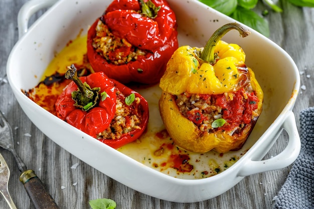 Bell pepper stuffed filled with minced meat and rice served in bowl. Closeup