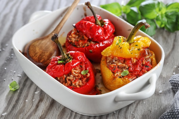 Bell pepper stuffed filled with minced meat and rice served in bowl. Closeup