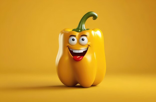 Photo bell pepper with funny smiling grimace on yellow background cute nutrition illustration