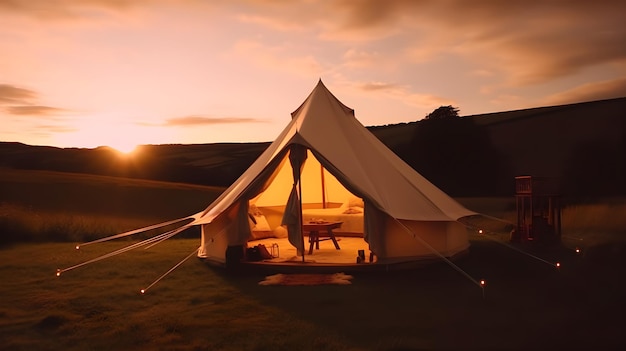 A bell tent in a field at sunset