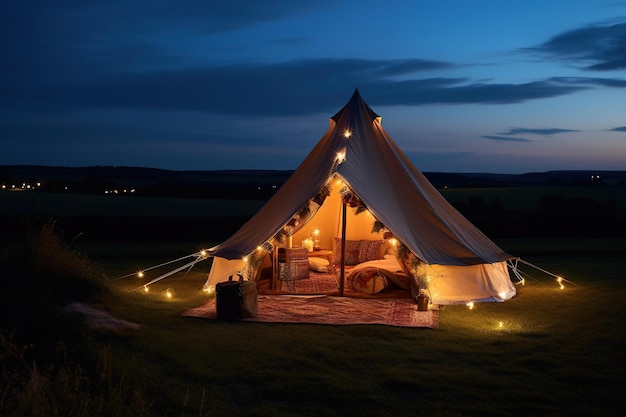 A bell tent at night with lights on the bottom