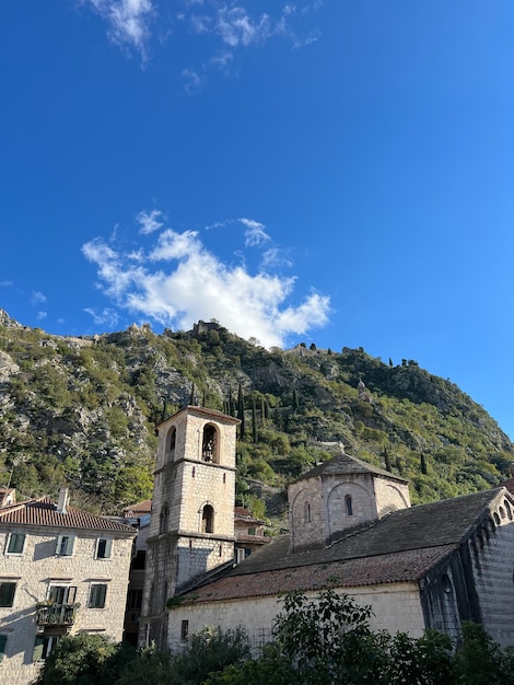 Bell tower of the cathedral of st tryphon in kotor at the foot of the mountains montenegro