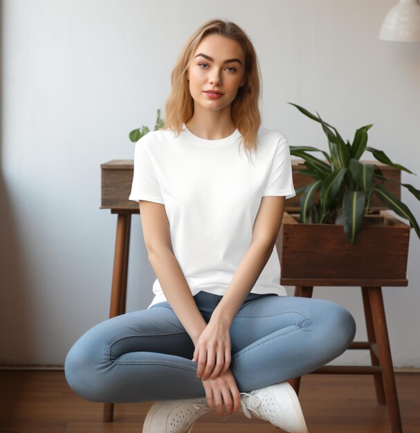 Photo bella white tee shirt mockup a blond woman in a boho stylish tshirt and jeans hippie chic close up