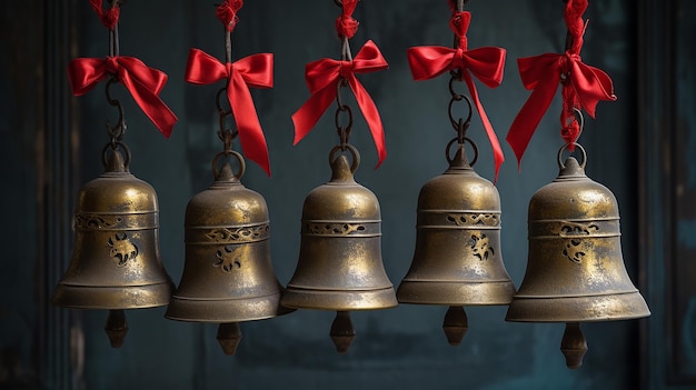 Photo bells hanging from a ceiling with a red bow