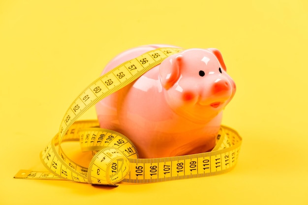 Belt tightening Economy and budget increase piggy bank with measurement tape Moneybox loan concept Take credit low pay Saving money Deposit money diet finance and commerce