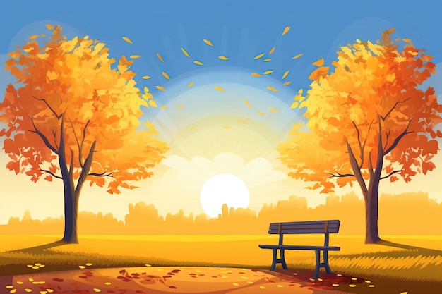 A bench under an autumn tree at sunrise autumn landscape generative ai