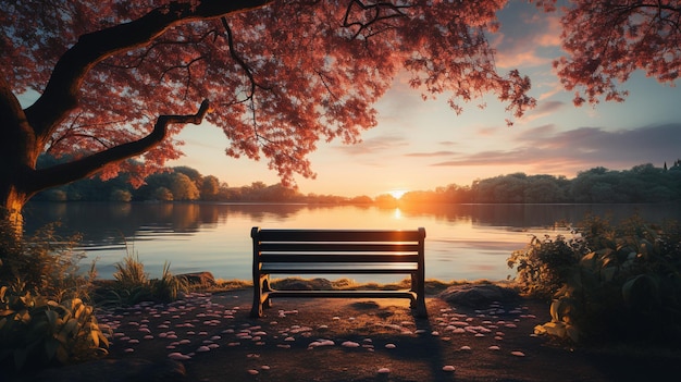 Bench on the bank of the lake at sunset