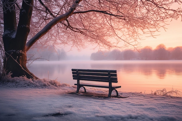 A bench by a lake in winter