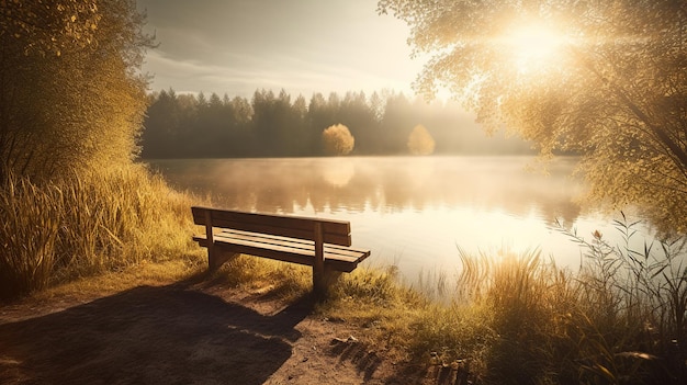 A bench by a lake with the sun shining on it.