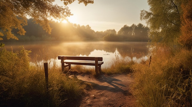 A bench by a lake with the sun shining on it.