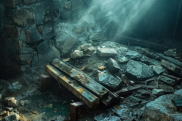 a bench in a cave with a light shining through the rocks