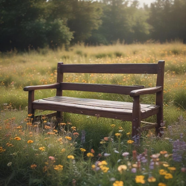 a bench in a field of flowers with a sky background