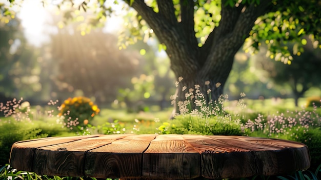 a bench in the garden with flowers and a tree in the background