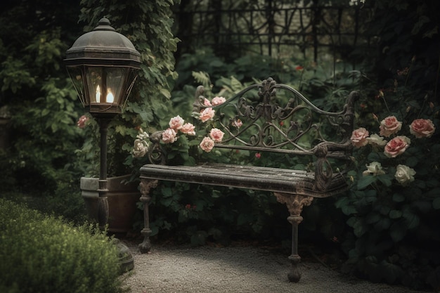 A bench in a garden with a lamp and flowers