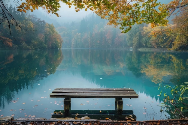 Photo a bench is on the dock in front of a lake with a dock in the middle