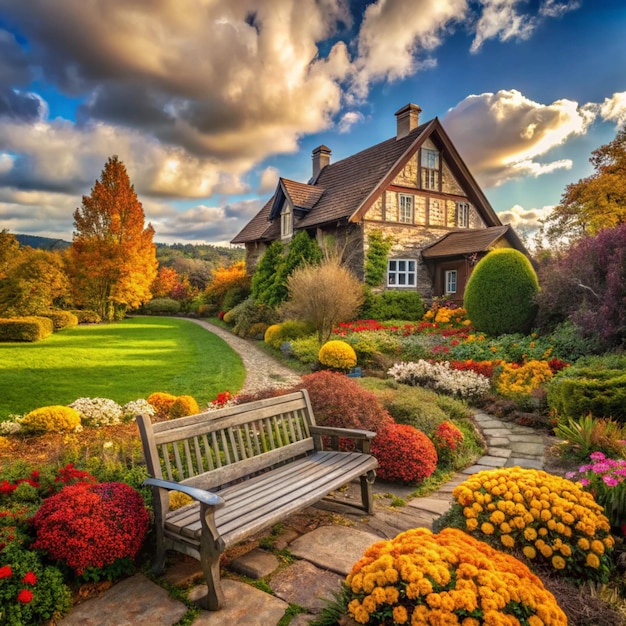 Photo a bench is in front of a house with a sky background