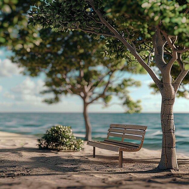 a bench is in front of some trees and a sky with clouds