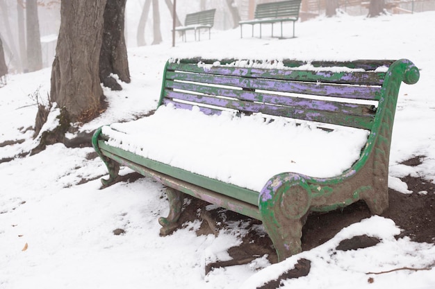 Bench in the park covered with snow