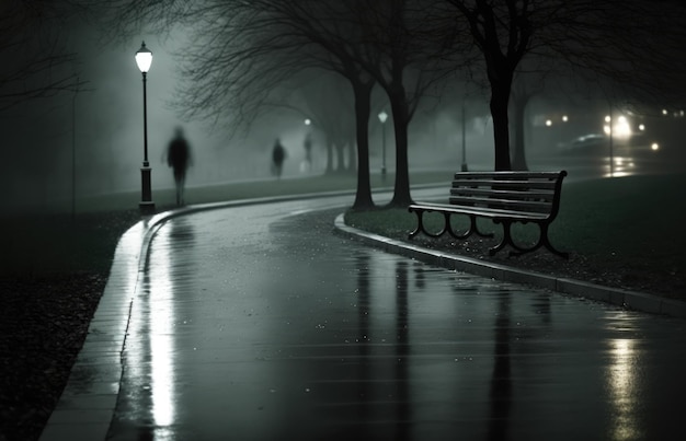 Bench in park on dark misty rainy night created using generative ai technology